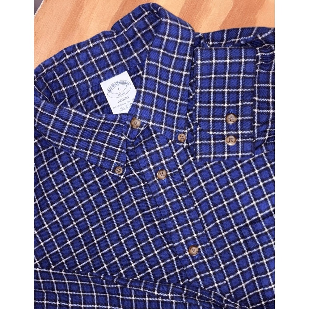 Brooks Brothers Large Regent Cotton Pocket Flannel Blue Plaid Button Down‎ New